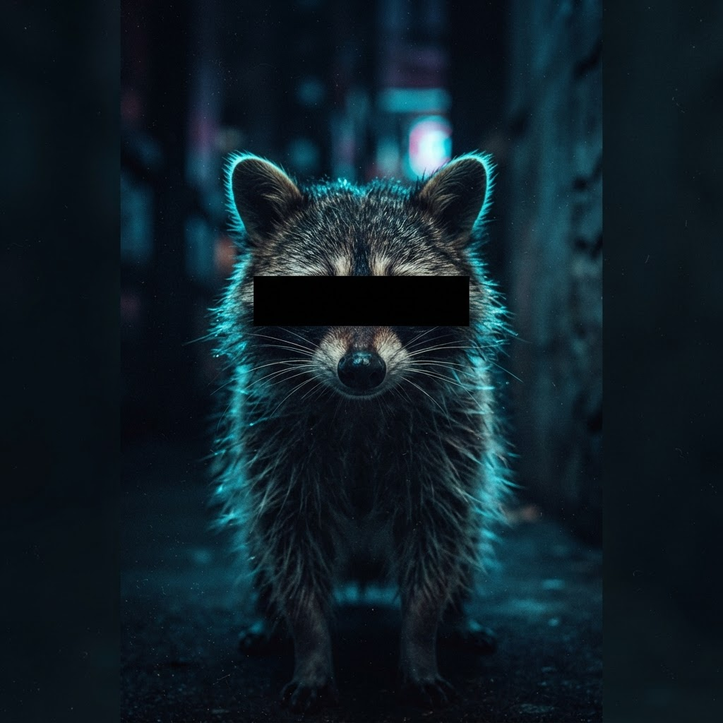 Secret Jimothy — a raccoon with a black censor bar over its eyes